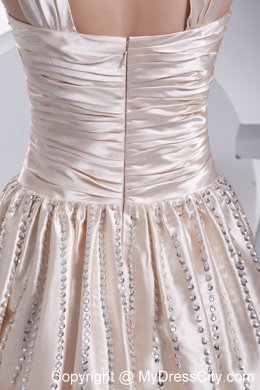 Champagne V-neck Straps Beaded Satin Empire Prom Dress