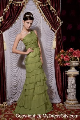 One Shoulder Beaded Chiffon Ruffled Layers Olive Green Prom Dress