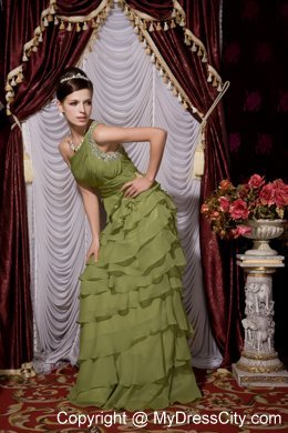 One Shoulder Beaded Chiffon Ruffled Layers Olive Green Prom Dress