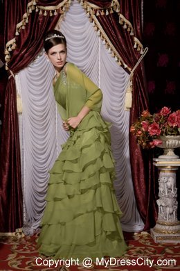 One Shoulder Beaded Chiffon Ruffled Layers Olive Green Prom Dress