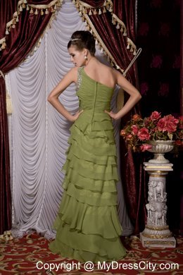 One Shoulder Beaded Chiffon Ruffled Layers Olive Green Prom Dress