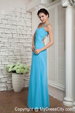 High Slit Chiffon Appliques One Shoulder Aqua Blue Prom Dress