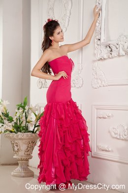 Appliques Ankle-length Chiffon Ruffles Hot Pink Prom Dresses