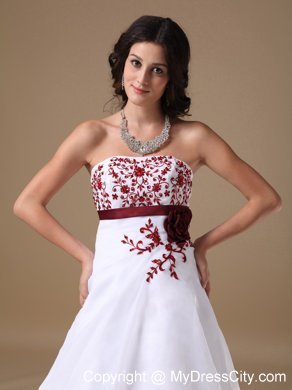 Flowers Red Embroidery A-line Strapless Brush Train Prom Dresses