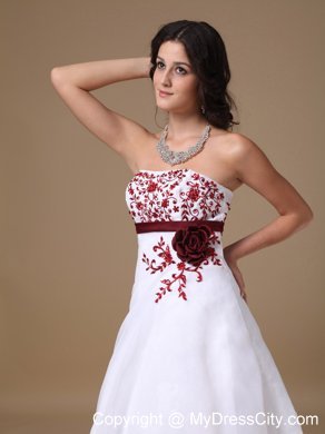 Flowers Red Embroidery A-line Strapless Brush Train Prom Dresses