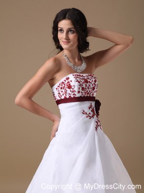 Flowers Red Embroidery A-line Strapless Brush Train Prom Dresses