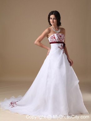 Flowers Red Embroidery A-line Strapless Brush Train Prom Dresses