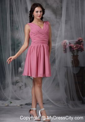 Roes Pink Empire V-neck Mini-length Ruched Bridesmaid Dress