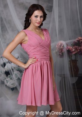 Roes Pink Empire V-neck Mini-length Ruched Bridesmaid Dress