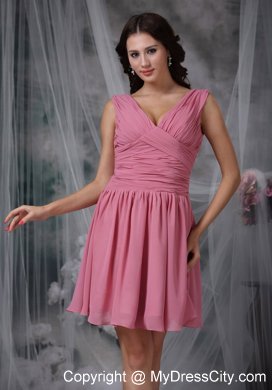 Roes Pink Empire V-neck Mini-length Ruched Bridesmaid Dress