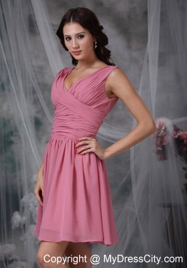 Roes Pink Empire V-neck Mini-length Ruched Bridesmaid Dress