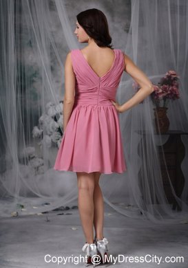 Roes Pink Empire V-neck Mini-length Ruched Bridesmaid Dress