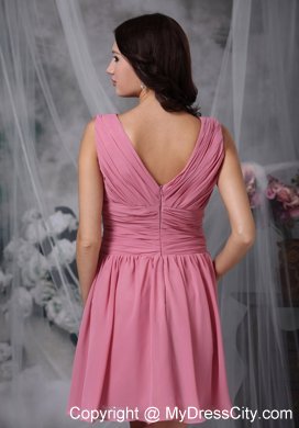 Roes Pink Empire V-neck Mini-length Ruched Bridesmaid Dress