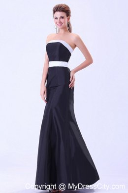 Simple Ankle-length Black Satin White Belt Bridesmaid Dress