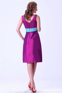 Purple V-neck Knee-length Maid of Honor Dress with Blue Belt