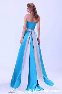 Blue Satin A-line Brush Train Bridemaid Dress with Gray Sash