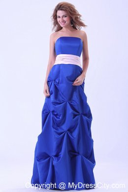 Floor-length Blue Bridemaid Dress with Pink Sash and Pick-ups