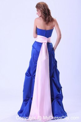 Floor-length Blue Bridemaid Dress with Pink Sash and Pick-ups