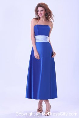 White Sash Decorated Royal Blue Tea-length Maid of Honor Dress