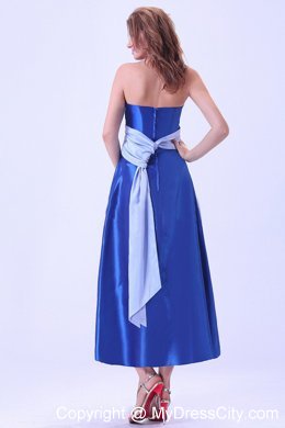 White Sash Decorated Royal Blue Tea-length Maid of Honor Dress