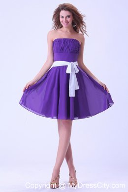 Purple Chiffon Knee-length Bridesmaid Dress with White Sash