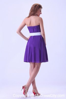 Purple Chiffon Knee-length Bridesmaid Dress with White Sash