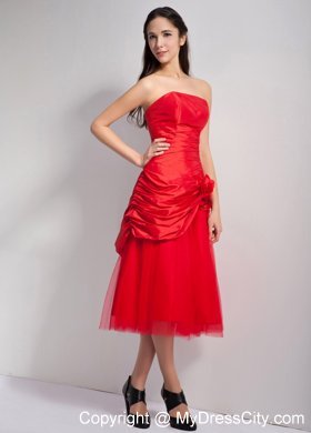 Red Tea-length Strapless Hand Flowers Junior Bridesmaid Dress