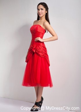 Red Tea-length Strapless Hand Flowers Junior Bridesmaid Dress