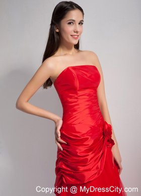 Red Tea-length Strapless Hand Flowers Junior Bridesmaid Dress