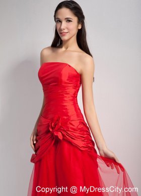 Red Tea-length Strapless Hand Flowers Junior Bridesmaid Dress