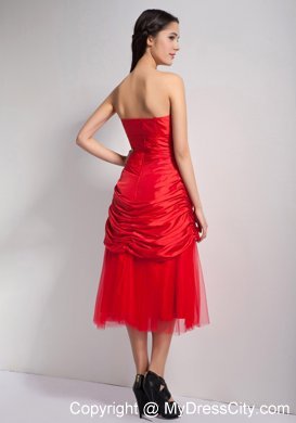 Red Tea-length Strapless Hand Flowers Junior Bridesmaid Dress