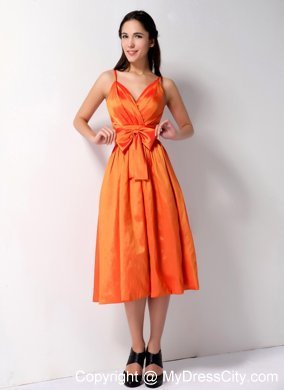 Customized Orange A-line Spaghetti Straps Bow Bridesmaid Gown