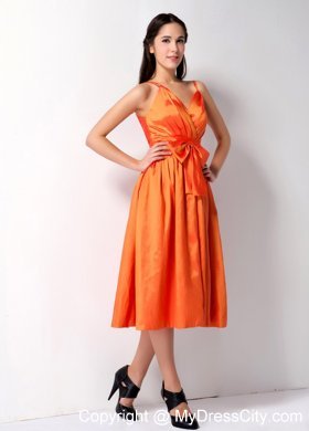 Customized Orange A-line Spaghetti Straps Bow Bridesmaid Gown