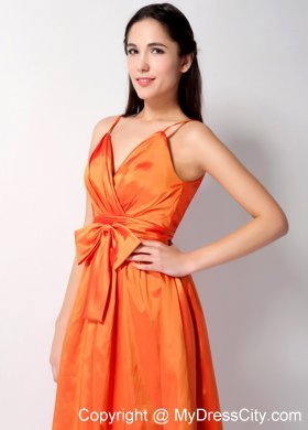 Customized Orange A-line Spaghetti Straps Bow Bridesmaid Gown