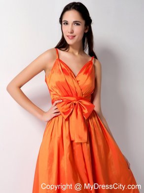 Customized Orange A-line Spaghetti Straps Bow Bridesmaid Gown