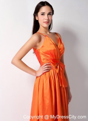 Customized Orange A-line Spaghetti Straps Bow Bridesmaid Gown