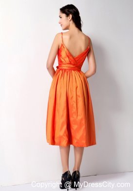 Customized Orange A-line Spaghetti Straps Bow Bridesmaid Gown