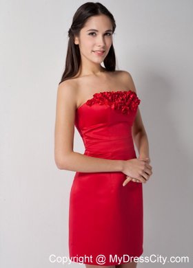 Red Mini-length Strapless Hand Made Flowers Bridesmaid Dress