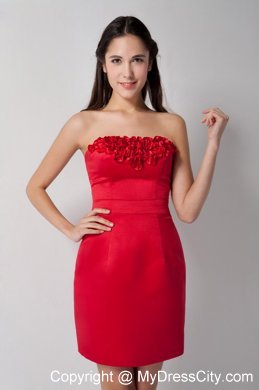 Red Mini-length Strapless Hand Made Flowers Bridesmaid Dress