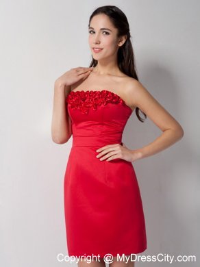 Red Mini-length Strapless Hand Made Flowers Bridesmaid Dress