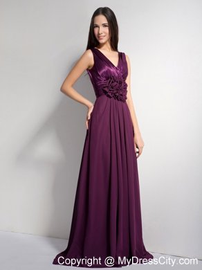 Classical Dark Purple A-line V-neck Brush Train Bridesmaid Gown