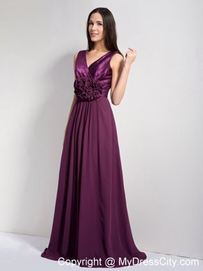 Classical Dark Purple A-line V-neck Brush Train Bridesmaid Gown