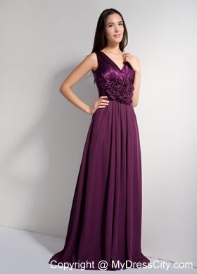 Classical Dark Purple A-line V-neck Brush Train Bridesmaid Gown