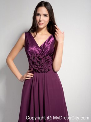 Classical Dark Purple A-line V-neck Brush Train Bridesmaid Gown