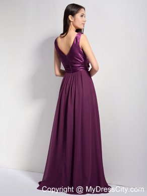 Classical Dark Purple A-line V-neck Brush Train Bridesmaid Gown