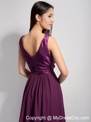 Classical Dark Purple A-line V-neck Brush Train Bridesmaid Gown