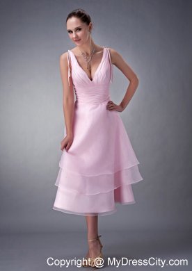 Baby Pink Tea-length Princess V-neck Ruched Bridesmaid Dress