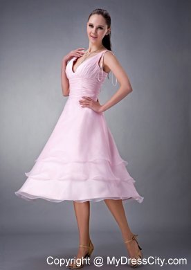 Baby Pink Tea-length Princess V-neck Ruched Bridesmaid Dress