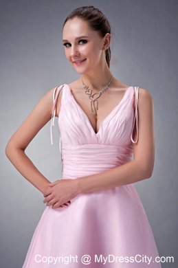 Baby Pink Tea-length Princess V-neck Ruched Bridesmaid Dress