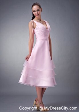 Baby Pink Tea-length Princess V-neck Ruched Bridesmaid Dress